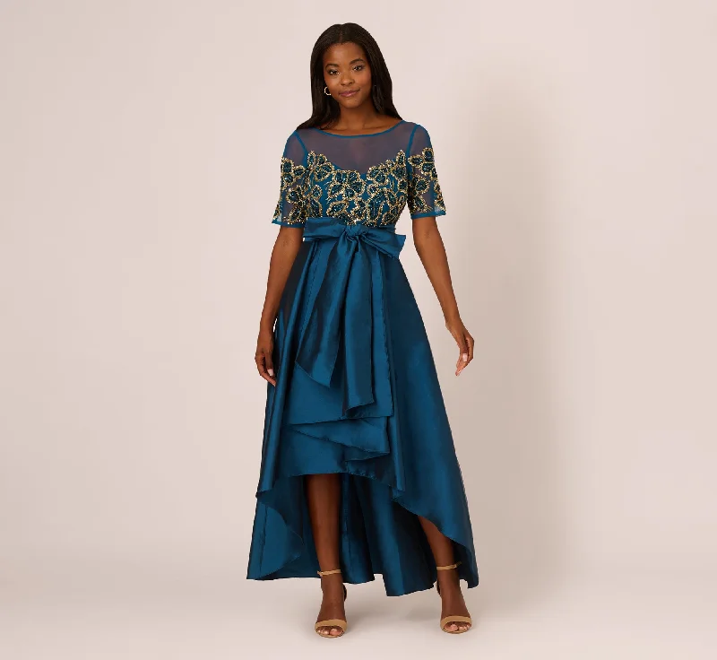formal dresses for tall women with high slits --Bead Taffeta High Low Long Dress In Teal Sapphire Gold formal dresses for tall women with high slits --Bead Taffeta High Low Long Dress In Teal Sapphire Gold