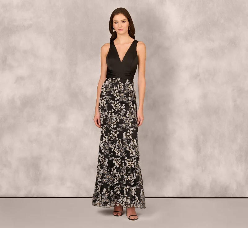 formal dresses for holiday balls with metallic accents --Sleeveless Embroidered A Line Gown In Grey Multi formal dresses for holiday balls with metallic accents --Sleeveless Embroidered A Line Gown In Grey Multi