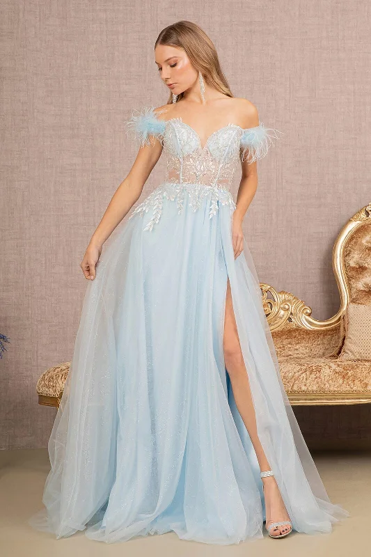 cocktail dresses with puff sleeves for vintage vibes --Off Shoulder Feather Slit Gown by GLS Gloria GL3135 cocktail dresses with puff sleeves for vintage vibes --Off Shoulder Feather Slit Gown by GLS Gloria GL3135