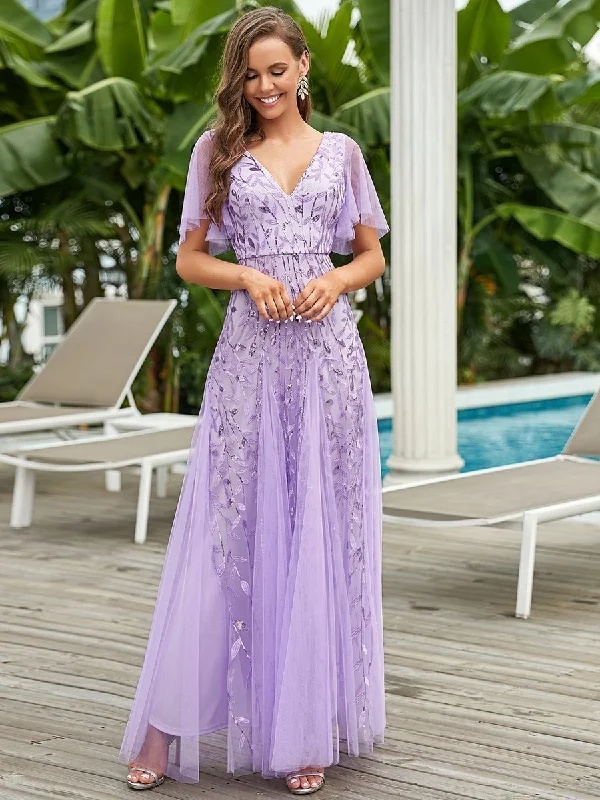 Lightweight party dresses for tropical celebrations -Romantic Shimmery V Neck Ruffle Sleeves Maxi Long Evening Gowns Lightweight party dresses for tropical celebrations -Romantic Shimmery V Neck Ruffle Sleeves Maxi Long Evening Gowns
