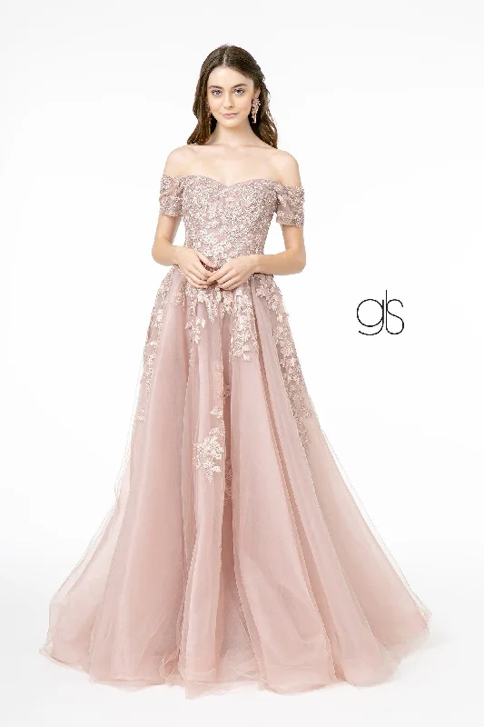 cocktail dresses with mesh sleeves for subtle coverage --Embroidered Long Off Shoulder Dress by Elizabeth K GL2885