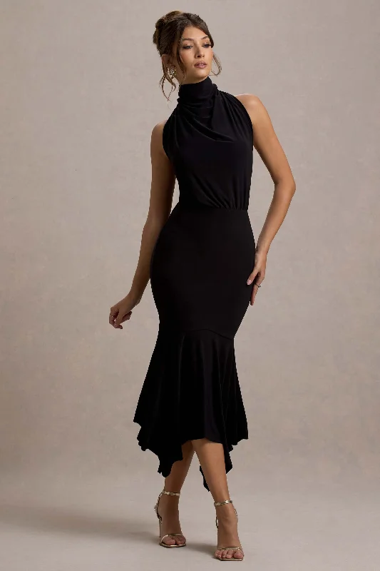 Prianyka | Black High-Neck Draped Midi Dress