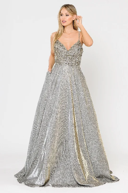 formal dresses for senior women with classic cuts --Long Metallic Glitter Dress with Beaded Bodice by Poly USA 8414 formal dresses for senior women with classic cuts --Long Metallic Glitter Dress with Beaded Bodice by Poly USA 8414