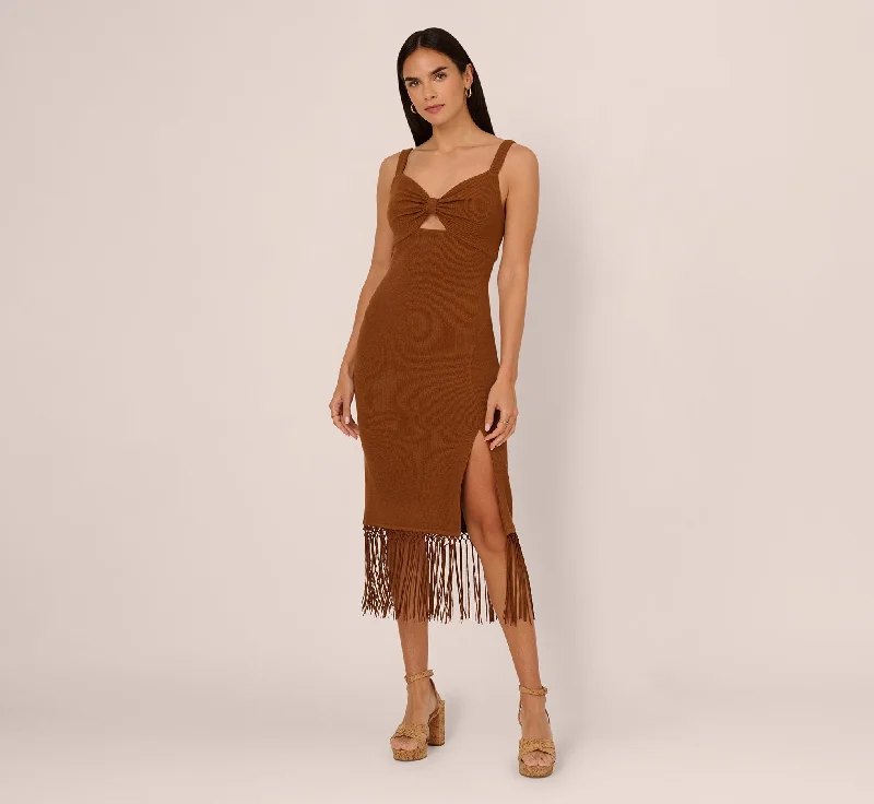 Spring dresses for a night out with a chic, edgy style -Fringe Trim Midi Dress With Keyhole Cutout Bust In Light Brown Spring dresses for a night out with a chic, edgy style -Fringe Trim Midi Dress With Keyhole Cutout Bust In Light Brown