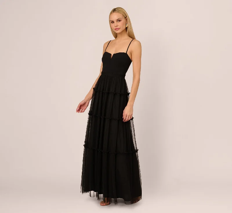 formal dresses for women with disabilities featuring magnetic closures --Sleeveless Notch Neck Tiered Mesh Gown In Black formal dresses for women with disabilities featuring magnetic closures --Sleeveless Notch Neck Tiered Mesh Gown In Black