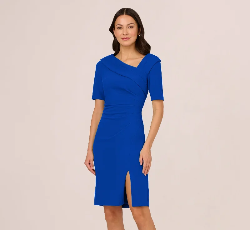 Spring dresses with a floral print for the season -Short Sleeves Sheath Dress With Asymmetrical Neckline In Violet Cobalt Spring dresses with a floral print for the season -Short Sleeves Sheath Dress With Asymmetrical Neckline In Violet Cobalt