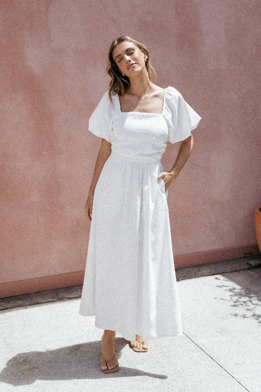 Graduation dresses for summer ceremonies with lightweight options -Clo Puff Sleeve Midi Dress - White Graduation dresses for summer ceremonies with lightweight options -Clo Puff Sleeve Midi Dress - White