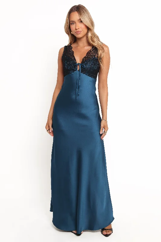formal dresses with mesh sleeves for subtle coverage --Cammy Maxi Slip Dress - Blue/Black