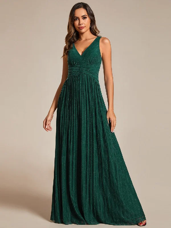 Embellished cocktail dresses for extra glamour -Glittery Pleated Empire Waist Sleeveless Formal Evening Dress Embellished cocktail dresses for extra glamour -Glittery Pleated Empire Waist Sleeveless Formal Evening Dress