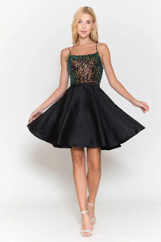 Graduation dresses with floral accents for a spring touch -Short Sequin Bodice A-line Dress by Poly USA 8730 Graduation dresses with floral accents for a spring touch -Short Sequin Bodice A-line Dress by Poly USA 8730