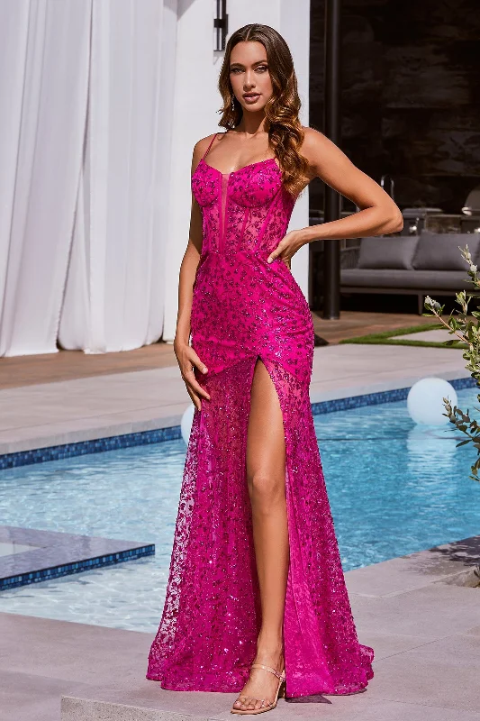 cocktail dresses with two-tone designs for modern look --Fitted Glitter Print Sleeveless Slit Gown by Ladivine C155 cocktail dresses with two-tone designs for modern look --Fitted Glitter Print Sleeveless Slit Gown by Ladivine C155