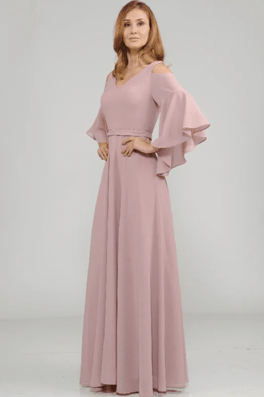 bridesmaid dresses with satin fabric for smooth texture --Long Cold Shoulder Dress with Bell Sleeves by Poly USA 8300 bridesmaid dresses with satin fabric for smooth texture --Long Cold Shoulder Dress with Bell Sleeves by Poly USA 8300