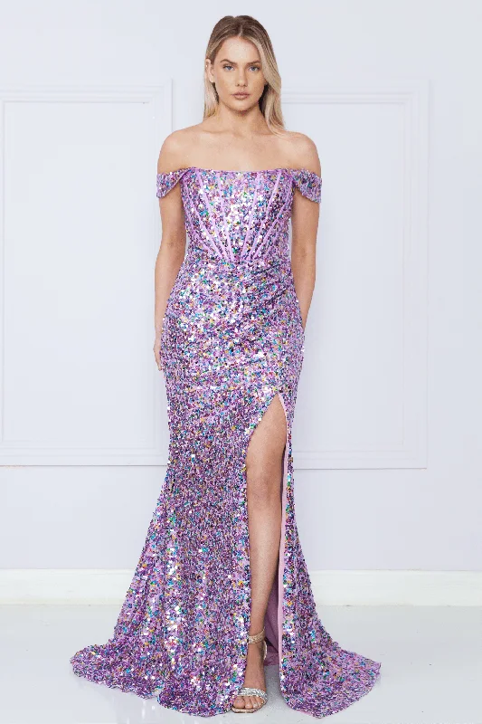 Wedding guest dresses with pockets for practicality -Fitted Off Shoulder Sequin Slit Gown by Poly USA 9150 Wedding guest dresses with pockets for practicality -Fitted Off Shoulder Sequin Slit Gown by Poly USA 9150