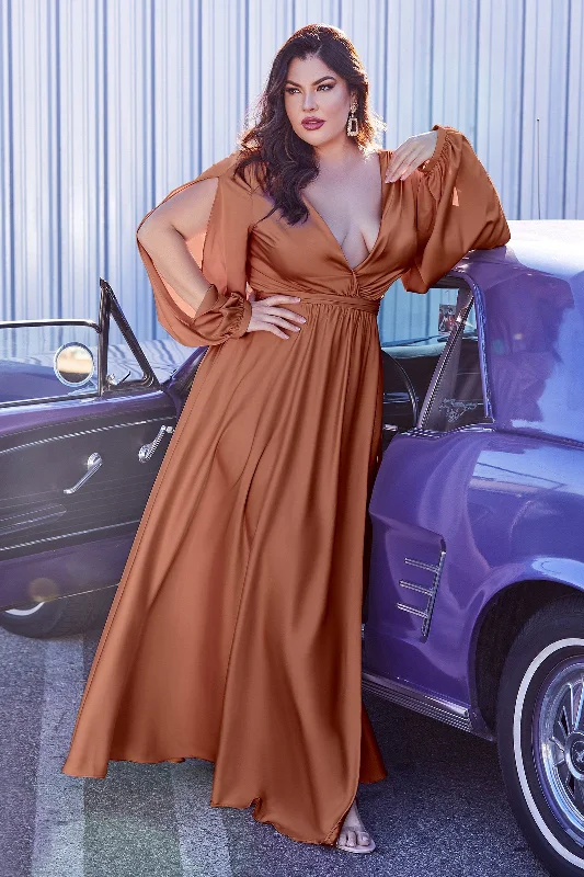 cocktail dresses with halter necks for formal dinners --Plus Size Long Sleeve Satin Gown by Cinderella Divine 7475C cocktail dresses with halter necks for formal dinners --Plus Size Long Sleeve Satin Gown by Cinderella Divine 7475C