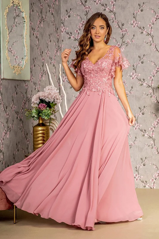 Stunning wedding guest dresses with delicate floral appliqué -Floral Applique Short Sleeve A-line Gown by GLS Gloria GL3352 Stunning wedding guest dresses with delicate floral appliqué -Floral Applique Short Sleeve A-line Gown by GLS Gloria GL3352