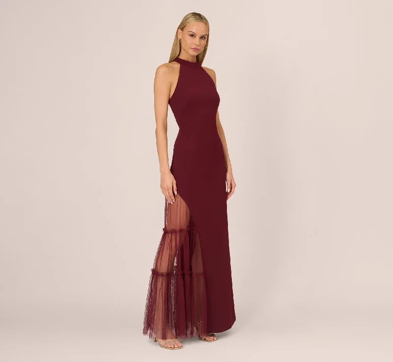 formal dresses with built-in cooling technology for hot climates --Crepe Halter Gown With Sheer Ruffled Mesh Skirt In Blackened Red formal dresses with built-in cooling technology for hot climates --Crepe Halter Gown With Sheer Ruffled Mesh Skirt In Blackened Red