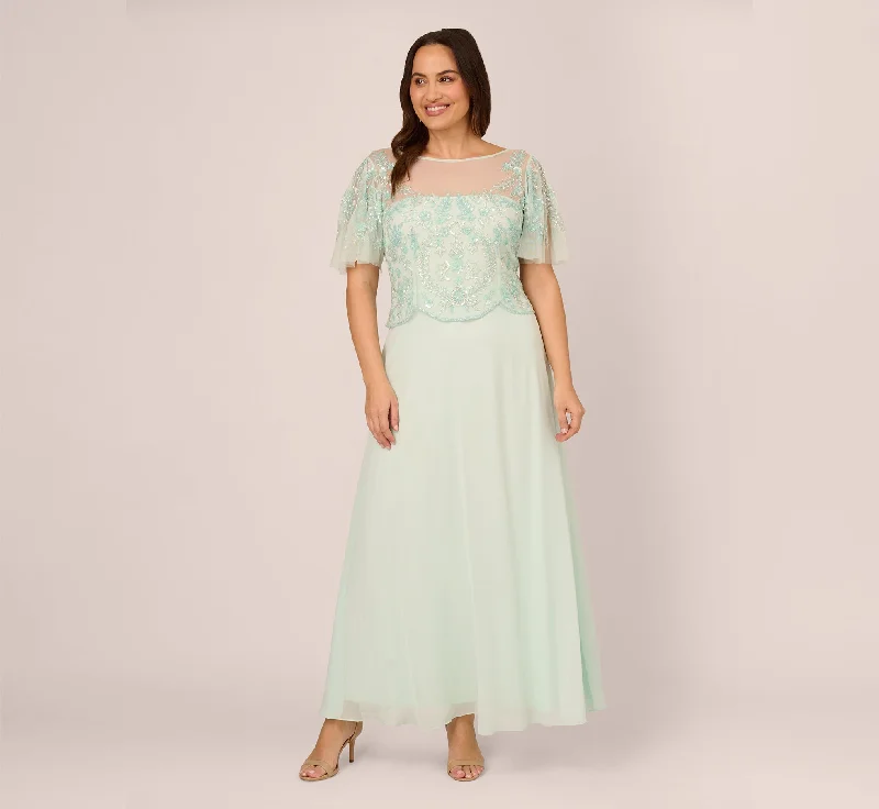 formal dresses for winter balls with faux fur accents --Plus Size Hand-Beaded Illusion Long Gown With Flutter Sleeves In Mint Glass formal dresses for winter balls with faux fur accents --Plus Size Hand-Beaded Illusion Long Gown With Flutter Sleeves In Mint Glass