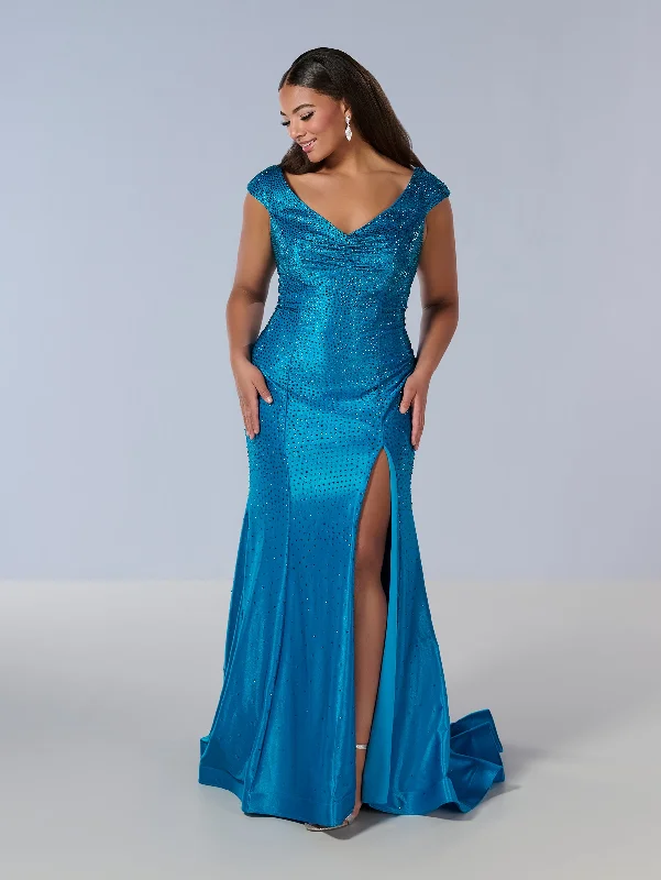 cocktail dresses with metallic fabrics for festive occasions --Curvy Fitted Cap Sleeve Gown by Tiffany Designs 16198