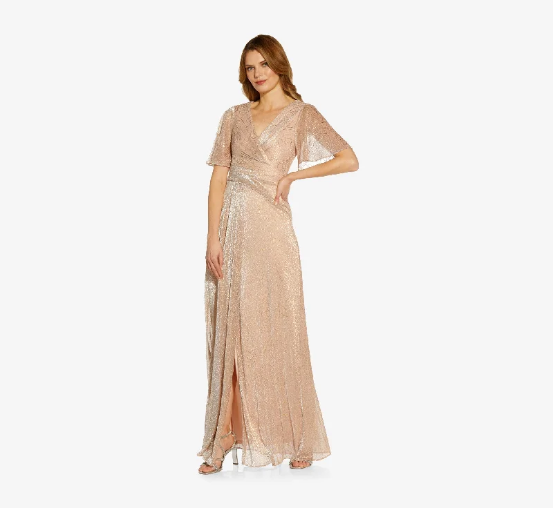 formal dresses for holiday balls with metallic accents --Metallic Mesh Draped Gown In Rose Gold formal dresses for holiday balls with metallic accents --Metallic Mesh Draped Gown In Rose Gold