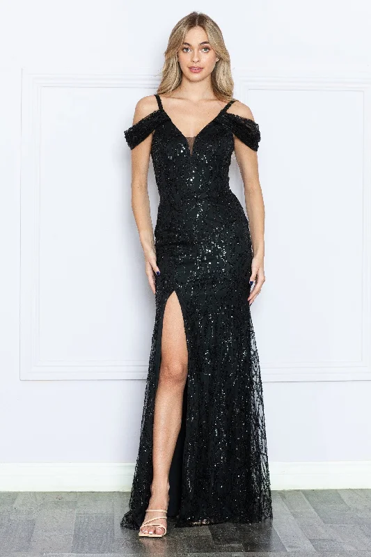 cocktail dresses with beaded straps for sparkle --Fitted Glitter Print Cold Shoulder Slit Gown by Poly USA 9384 cocktail dresses with beaded straps for sparkle --Fitted Glitter Print Cold Shoulder Slit Gown by Poly USA 9384