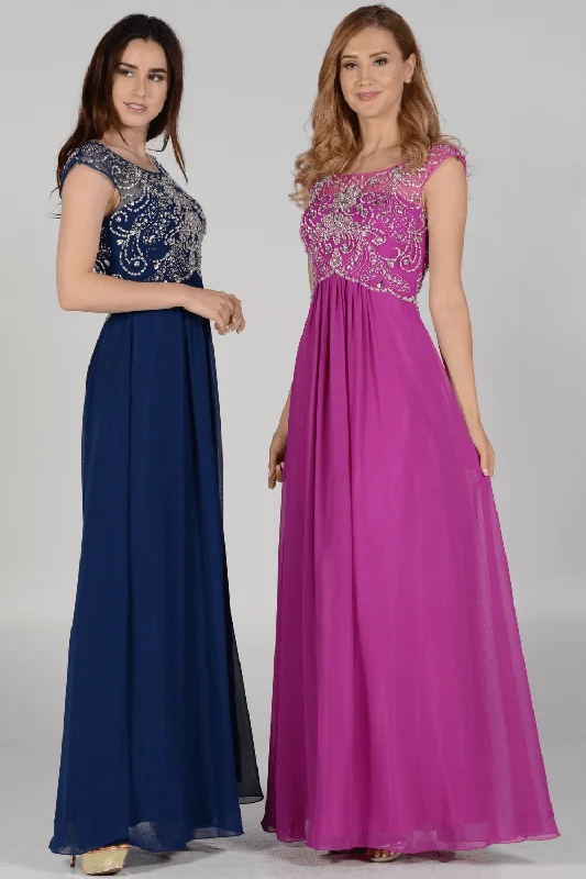 cocktail dresses with ruched bodices for flattering fit --Long Cap Sleeve Dress with Jeweled Bodice by Poly USA 7122 cocktail dresses with ruched bodices for flattering fit --Long Cap Sleeve Dress with Jeweled Bodice by Poly USA 7122
