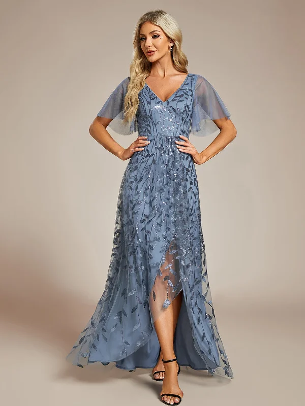 Flirty party dresses for fun-filled celebrations -Sequin Mesh High Low V-Neck Midi Evening Dress With Short Sleeves Flirty party dresses for fun-filled celebrations -Sequin Mesh High Low V-Neck Midi Evening Dress With Short Sleeves