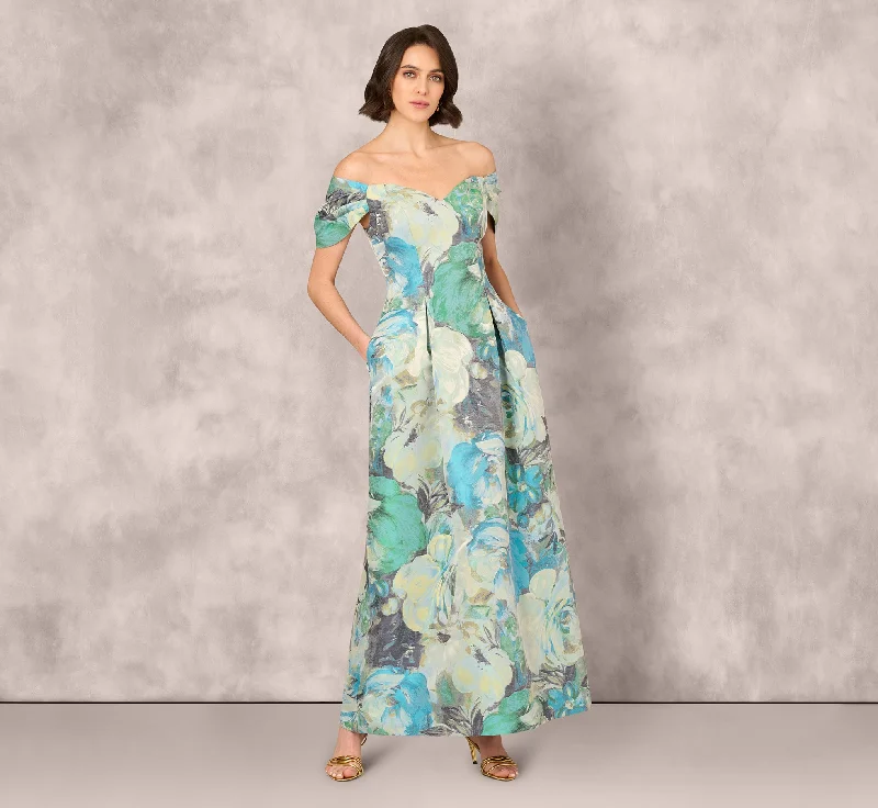 formal dresses for evening galas with sequin embellishments --Off Shoulder Floral Jacquard Pleated Gown In Blue Multi formal dresses for evening galas with sequin embellishments --Off Shoulder Floral Jacquard Pleated Gown In Blue Multi