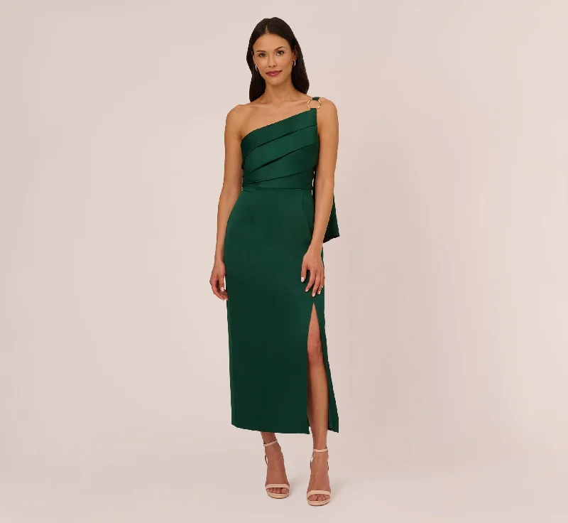 formal dresses with sheer panels for modern style --Satin Crepe One Shoulder Gown With Metal Ring Accent In Deep Forest