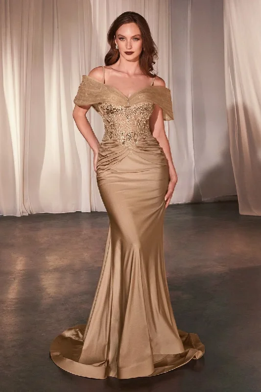 cocktail dresses with chiffon overlays for softness --Fitted Applique Satin Corset Gown by Ladivine CD798 - Outlet cocktail dresses with chiffon overlays for softness --Fitted Applique Satin Corset Gown by Ladivine CD798 - Outlet