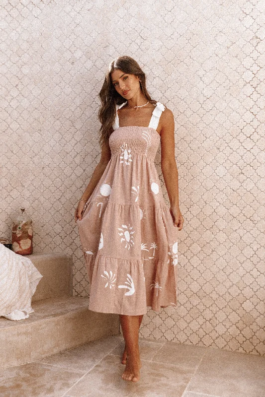 Long sleeve spring dresses for chilly mornings -Sarelle Midi Dress - Tan Blush