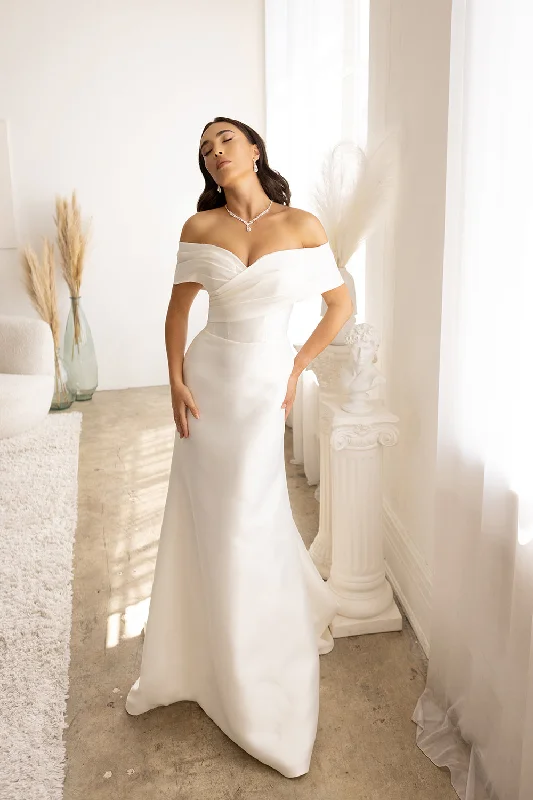 Wedding guest dresses for daytime events with a casual flair -Off Shoulder Overskirt Bridal Gown by Abby Lane 97179 Wedding guest dresses for daytime events with a casual flair -Off Shoulder Overskirt Bridal Gown by Abby Lane 97179