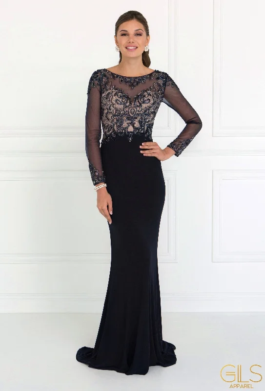 Affordable yet fashionable wedding guest dresses for winter events -Beaded Illusion Long Sleeve Navy Gown by Elizabeth K GL1506 Affordable yet fashionable wedding guest dresses for winter events -Beaded Illusion Long Sleeve Navy Gown by Elizabeth K GL1506