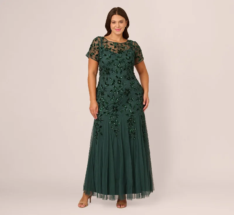 formal dresses with UV protection for outdoor ceremonies --Plus Size Hand Beaded Short Sleeve Floral Godet Gown In Dusty Emerald formal dresses with UV protection for outdoor ceremonies --Plus Size Hand Beaded Short Sleeve Floral Godet Gown In Dusty Emerald