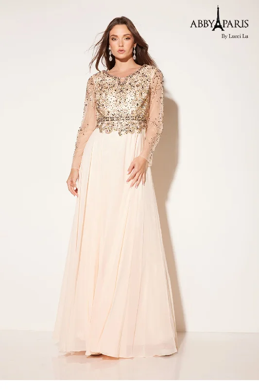 Wedding guest dresses for daytime events with a casual flair -Chiffon Long Sleeve A-line Gown by Abby Paris 96040W Wedding guest dresses for daytime events with a casual flair -Chiffon Long Sleeve A-line Gown by Abby Paris 96040W