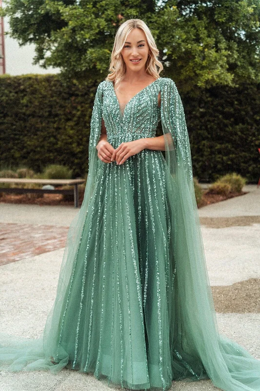 Wedding guest dresses for rustic barn weddings -Embellished Cape Sleeve A-line Gown by GLS Gloria GL3494 Wedding guest dresses for rustic barn weddings -Embellished Cape Sleeve A-line Gown by GLS Gloria GL3494