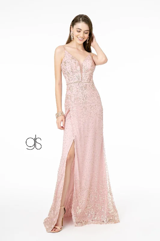 cocktail dresses with high necklines for modest occasions --Fitted V-Neck Glitter Gown by Elizabeth K GL1844 cocktail dresses with high necklines for modest occasions --Fitted V-Neck Glitter Gown by Elizabeth K GL1844