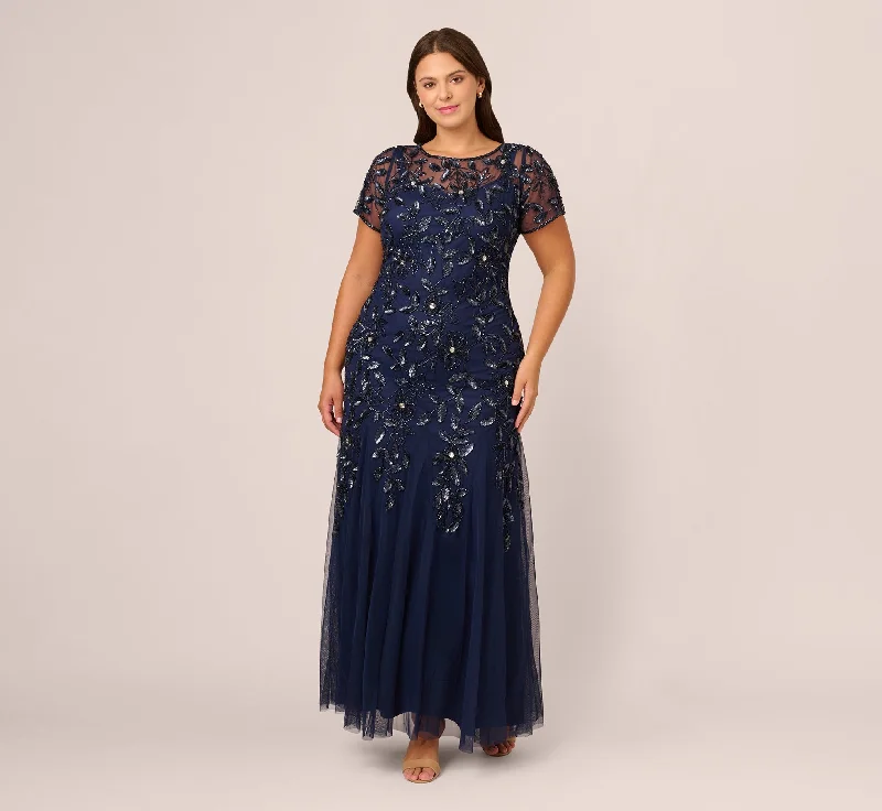 formal dresses with smart textile technology and LED accents --Plus Size Hand Beaded Short Sleeve Floral Godet Gown In Light Navy formal dresses with smart textile technology and LED accents --Plus Size Hand Beaded Short Sleeve Floral Godet Gown In Light Navy