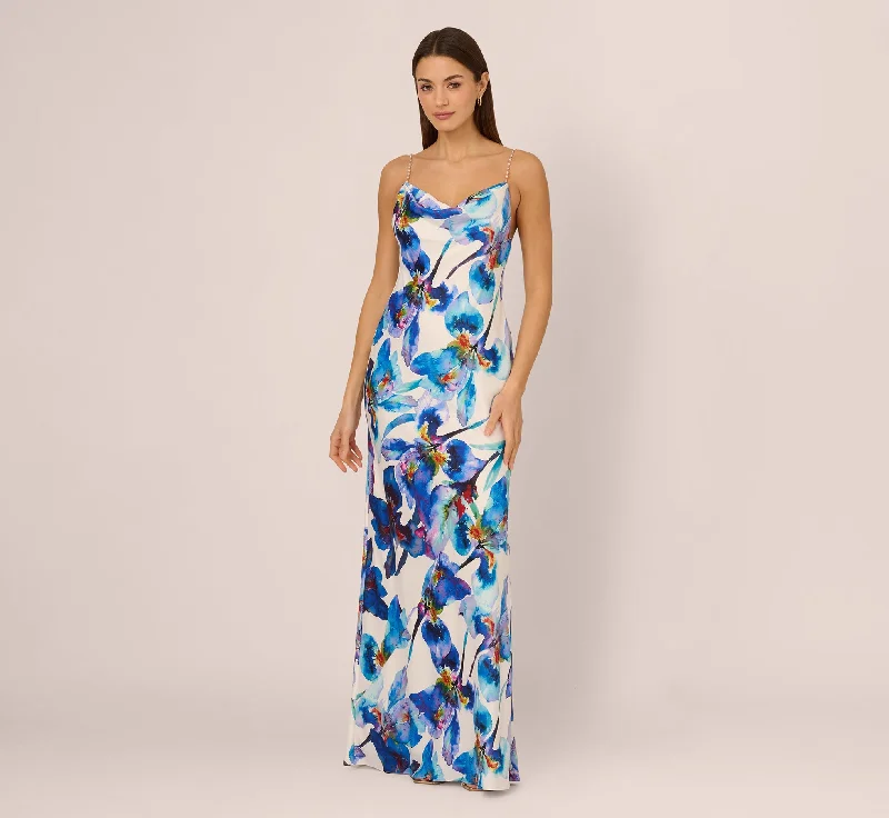 formal dresses with floral embroidery for spring occasions --Embellished Strap Floral Satin Slip Dress In Blue Ivory Multi formal dresses with floral embroidery for spring occasions --Embellished Strap Floral Satin Slip Dress In Blue Ivory Multi