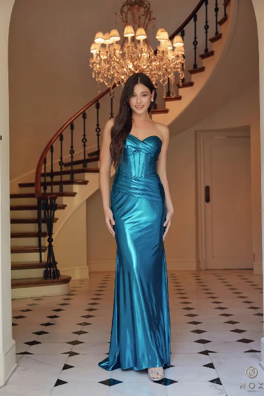 bridesmaid dresses with tiered skirts for volume --Metallic Fitted Strapless Gown by Nox Anabel T1499