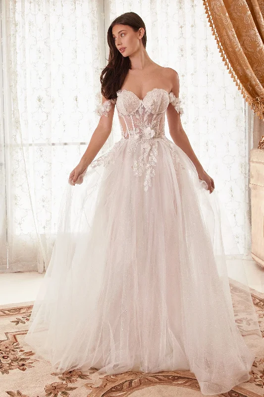 cocktail dresses with high-low skirts for trendy looks --White 3D Floral Off Shoulder Gown by Ladivine WN308