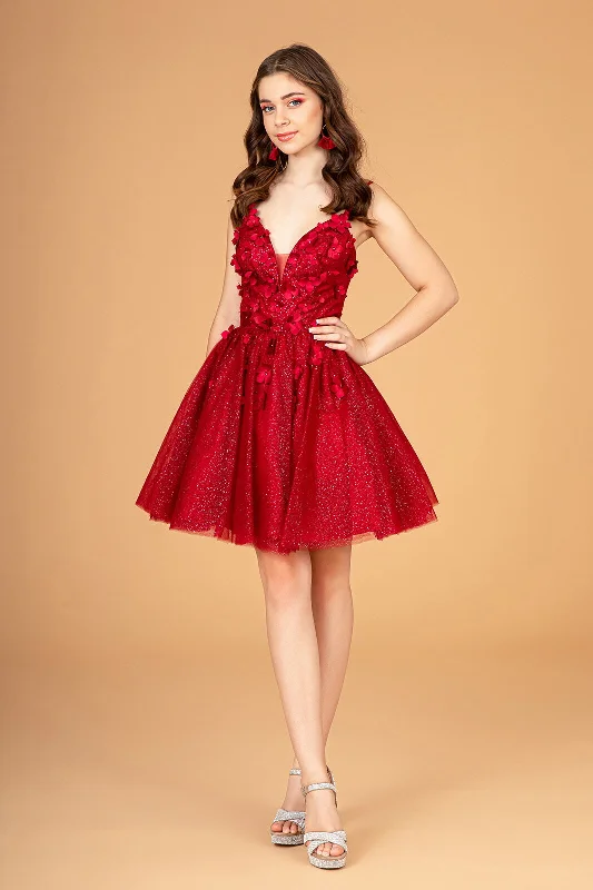Graduation dresses for college students with sophisticated details -3D Floral Short Glitter Dress by Elizabeth K GS3090 Graduation dresses for college students with sophisticated details -3D Floral Short Glitter Dress by Elizabeth K GS3090