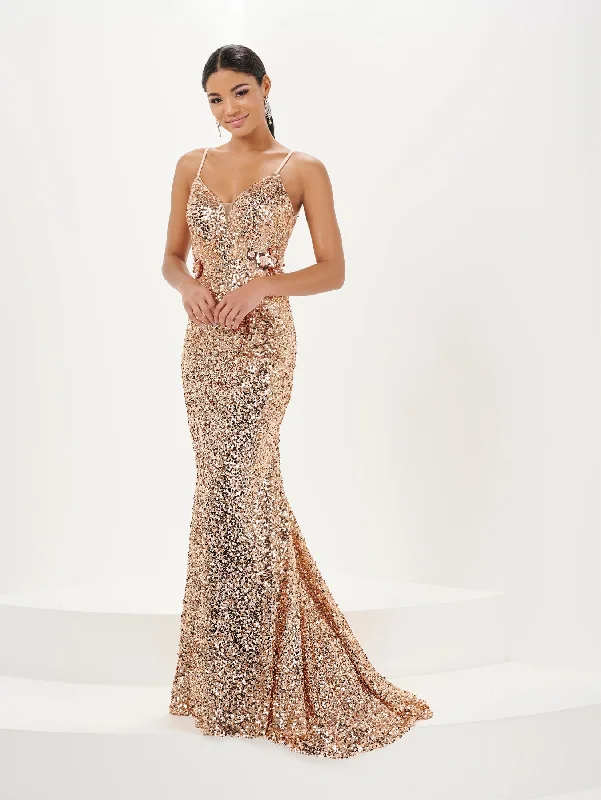 cocktail dresses with puffed sleeves for vintage flair --3D Floral Fitted Sequin V-Neck Gown by Tiffany Designs 16059 cocktail dresses with puffed sleeves for vintage flair --3D Floral Fitted Sequin V-Neck Gown by Tiffany Designs 16059