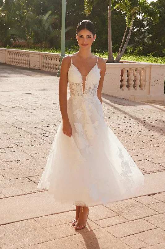 cocktail dresses with floral patterns for spring events --V-Neck Tea Length Bridal Dress by Nox Anabel JE1027