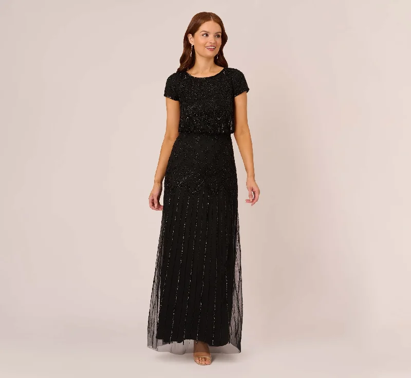 formal dresses with built-in bras for added support --Short Sleeve Blouson Beaded Gown In Black formal dresses with built-in bras for added support --Short Sleeve Blouson Beaded Gown In Black