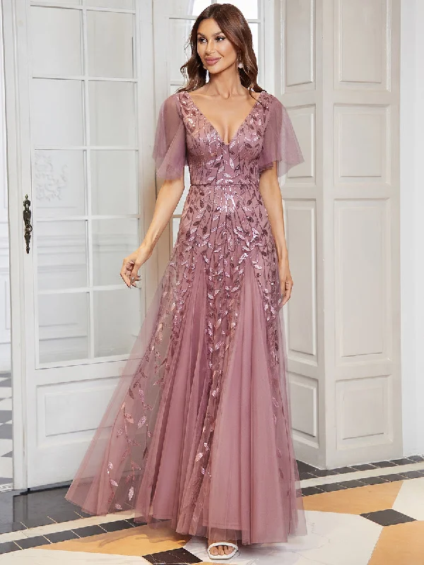 formal dresses with detachable capes for dramatic effect --Romantic Shimmery V Neck Ruffle Sleeves Maxi Long Evening Gowns formal dresses with detachable capes for dramatic effect --Romantic Shimmery V Neck Ruffle Sleeves Maxi Long Evening Gowns