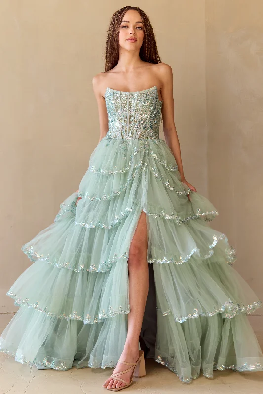 cocktail dresses with embroidered sleeves for elegance --Strapless Layered A-line Gown by Amelia Couture 4033 cocktail dresses with embroidered sleeves for elegance --Strapless Layered A-line Gown by Amelia Couture 4033