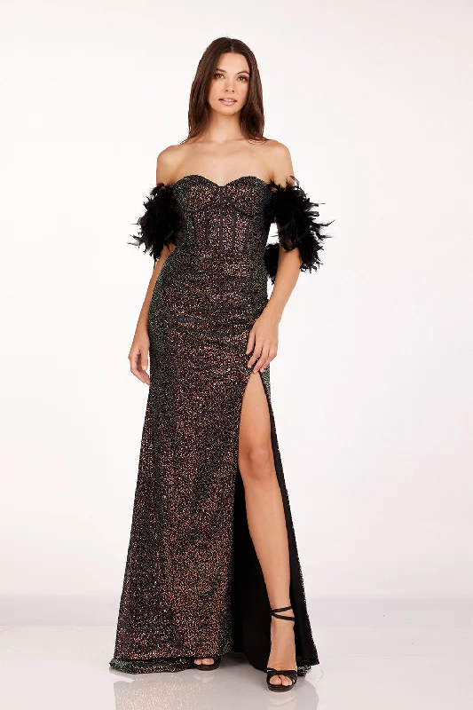 cocktail dresses with sequined accents for festive look --Feather Off Shoulder Slit Gown by Abby Paris 90254 cocktail dresses with sequined accents for festive look --Feather Off Shoulder Slit Gown by Abby Paris 90254