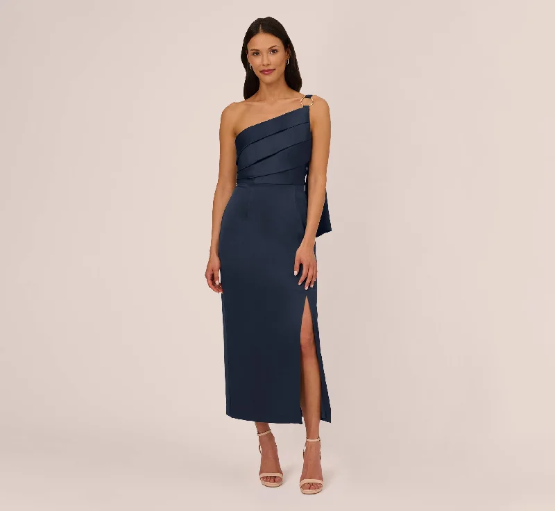 formal dresses with tiered skirts for volume and movement --Satin Crepe One Shoulder Gown With Metal Ring Accent In Dark Navy formal dresses with tiered skirts for volume and movement --Satin Crepe One Shoulder Gown With Metal Ring Accent In Dark Navy