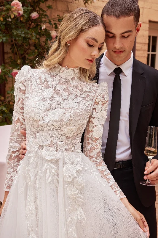 formal dresses for winter balls with faux fur accents --Applique Long Sleeve Bridal Gown by Ladivine CDS433W formal dresses for winter balls with faux fur accents --Applique Long Sleeve Bridal Gown by Ladivine CDS433W