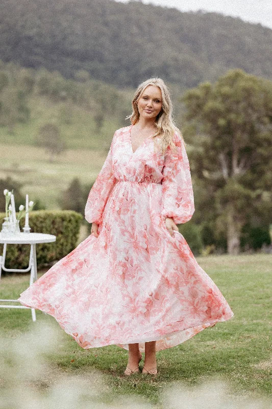 Wedding guest dresses in jewel tones for fall and winter weddings -Anisa Maxi Dress - Pink Floral Wedding guest dresses in jewel tones for fall and winter weddings -Anisa Maxi Dress - Pink Floral